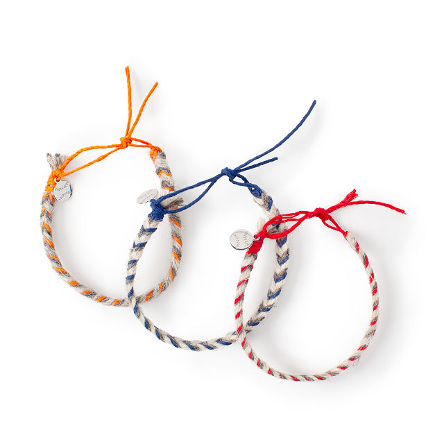 MLB Game Used Baseball Friendship Bracelets in yellow, blue and red