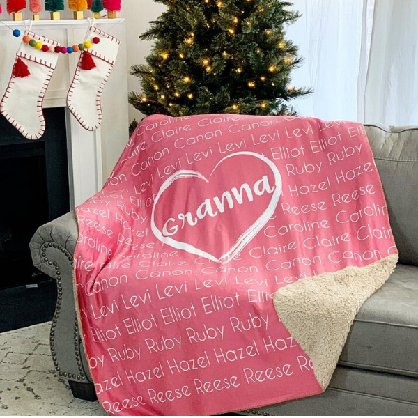 Personalized pink throw blanket for long distance grandparents