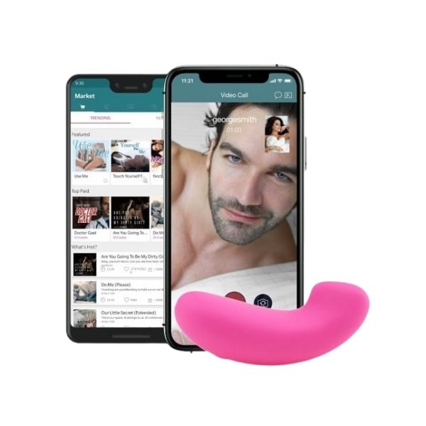 Vibease app controlled vibrating panties with app in background showing long distance control options