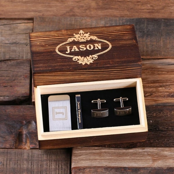 Fathers day gift set with cuff links, money clip and tie clip presented in a wooden box