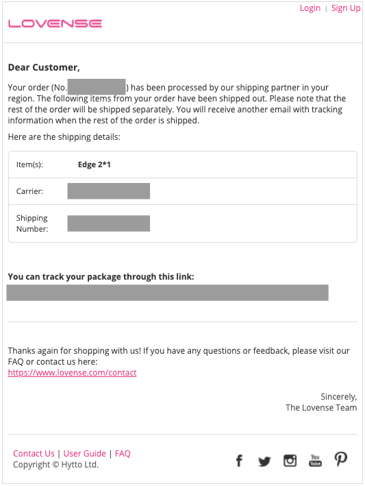 shipping confirmation email with tracking number when purchasing the lovense edge 2