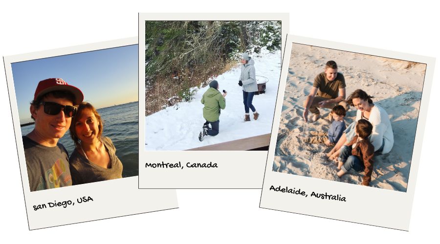 collage de trois photos documentant la relation à distance de Lolo et Nates, depuis leur rencontre à San Diego, leurs fiançailles à Montréal et leur retour en Australie avec leurs deux garçons.