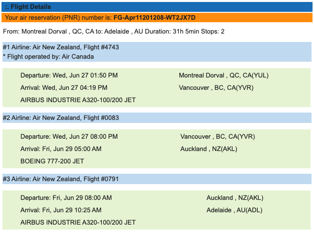 lolo's flight details for Montreal to Adelaide with no return date because we went from a long distance couple to just a couple