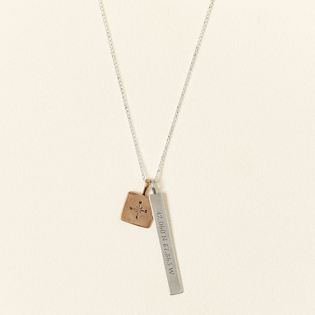 coordinates bar necklace with compass pendant