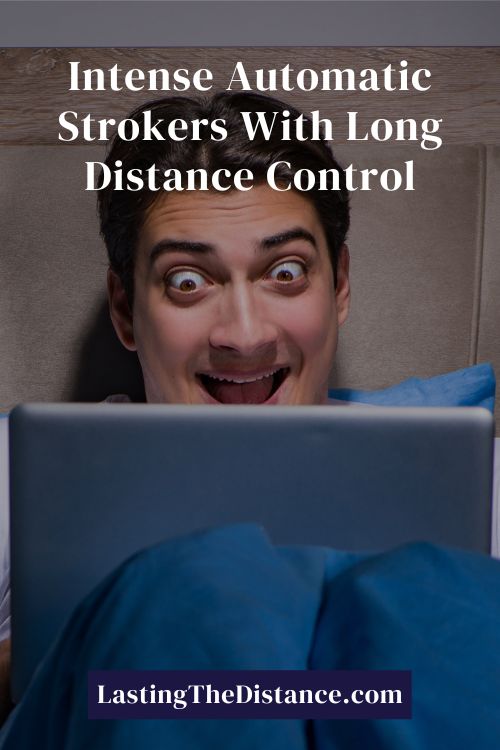 man in front of laptop excited while using automatic stroker with long distance partner