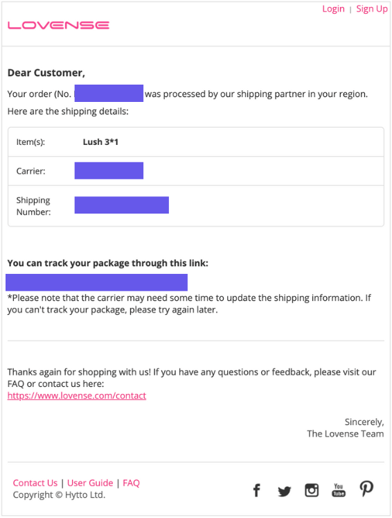 Copy of Lovense purchase receipt and tracking details