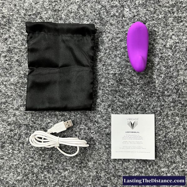 what's included in the vibease box including storage pouch, user guide and charging cables