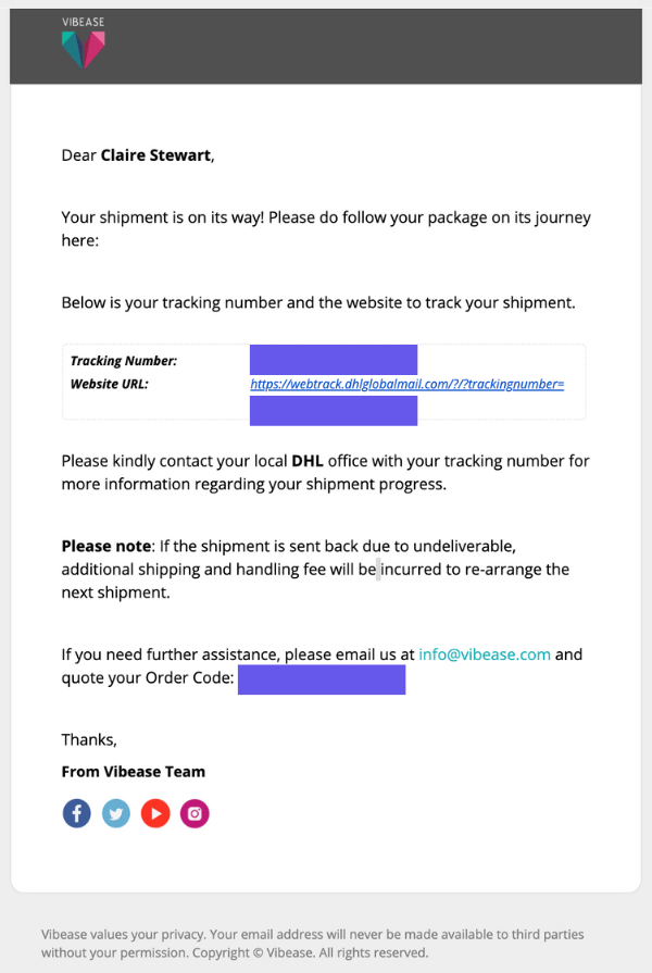 email from vibease with package delivery tracking details