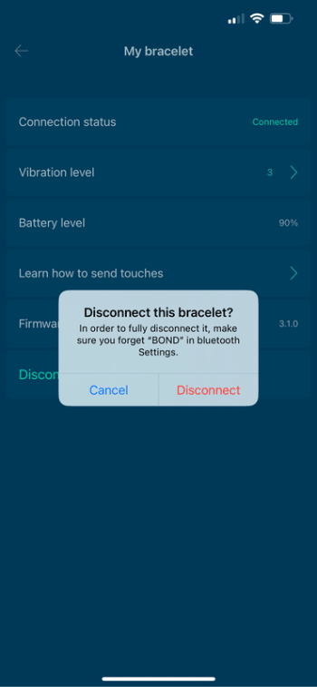 disconnect process screenshot for removing the original bond touch bracelet to add the new bond touch more