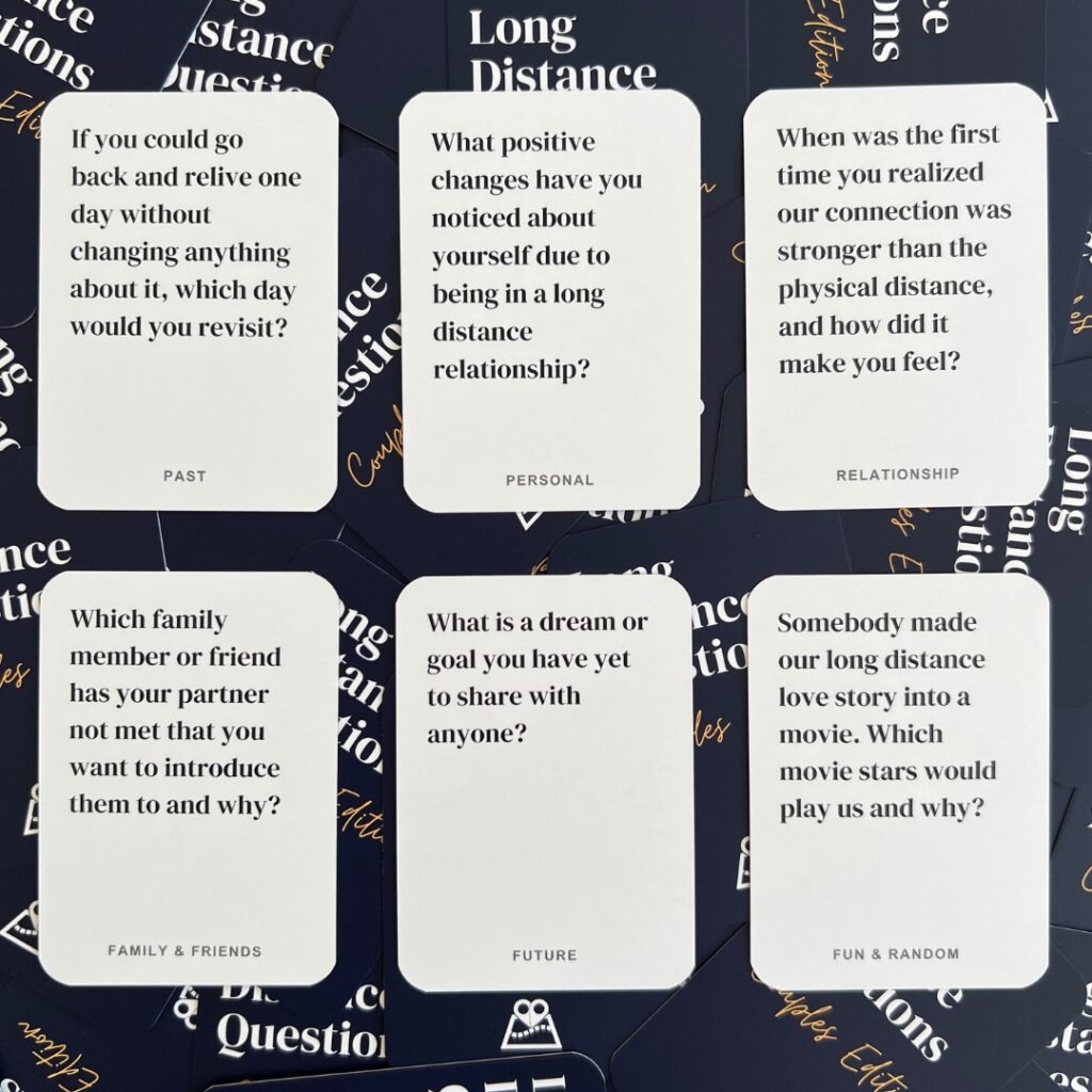 6 example cards from each topic of long distance questions