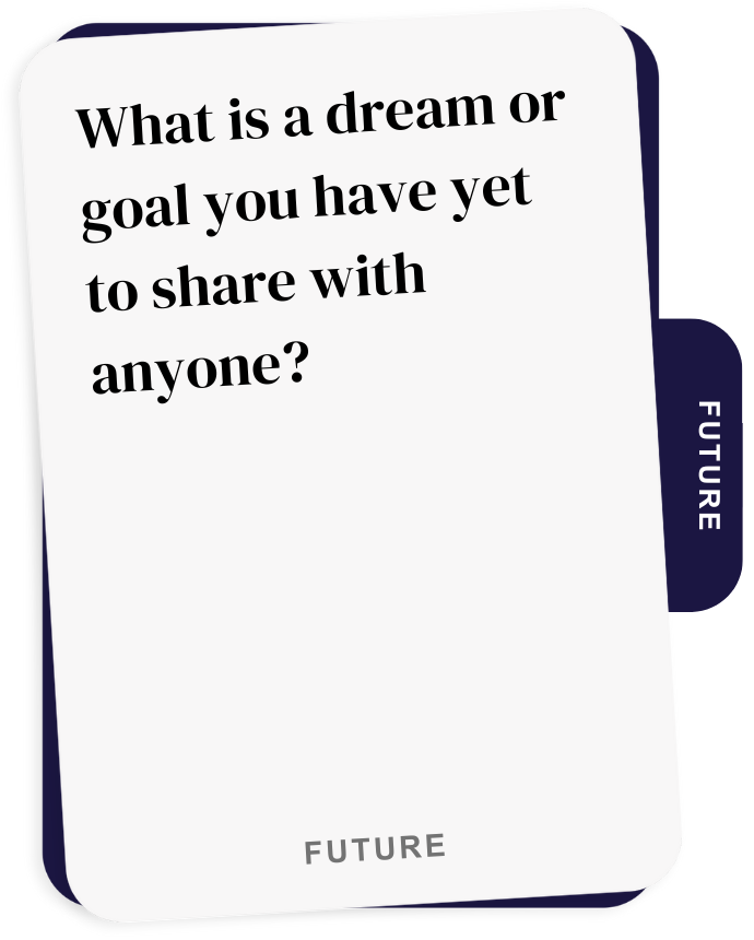 Card with text 'What is a dream or goal you have yet to share with anyone?' labeled 'FUTURE'.